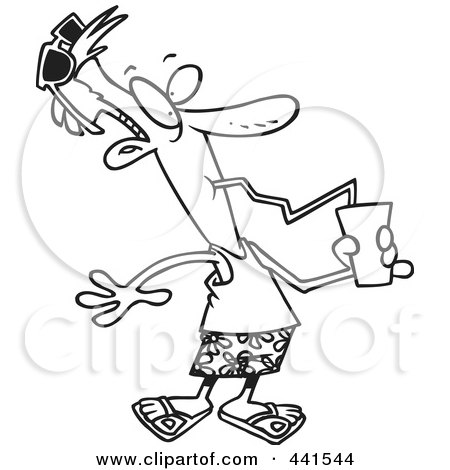 Royalty-Free (RF) Clip Art Illustration of a Cartoon Black And White Outline Design Of A Summer Man Drinking A Refreshing Beverage by toonaday
