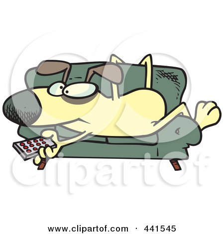 Royalty-Free (RF) Clip Art Illustration of a Cartoon Dog Holding A Remote Control And Resting On A Couch by toonaday