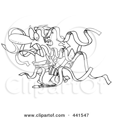 Royalty-Free (RF) Clip Art Illustration of a Cartoon Black And White Outline Design Of A Businessman Being Attacked By Red Tape by toonaday