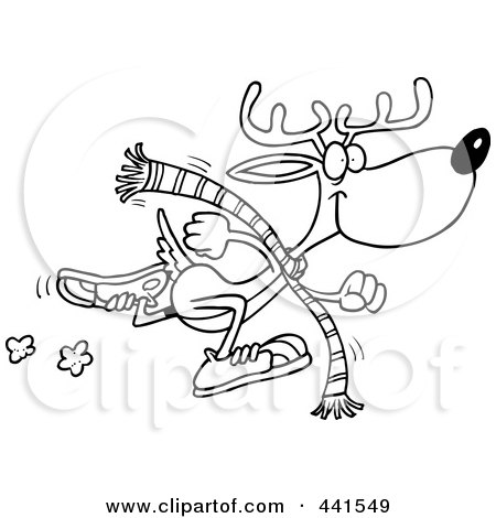 Royalty-Free (RF) Clip Art Illustration of a Cartoon Black And White Outline Design Of A Running Reindeer by toonaday