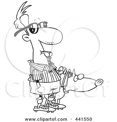 Royalty-Free (RF) Clip Art Illustration of a Cartoon Black And White Outline Design Of A Blind Referee With A Guide Dog by toonaday