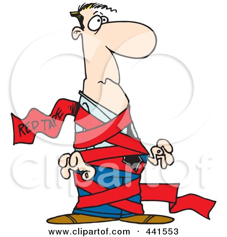 Royalty-Free (RF) Clip Art Illustration of a Cartoon Businessman Tied Up In Red Tape by toonaday