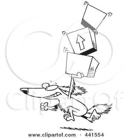 Royalty-Free (RF) Clip Art Illustration of a Cartoon Black And White Outline Design Of A Retriever Dog Carrying Packages by toonaday