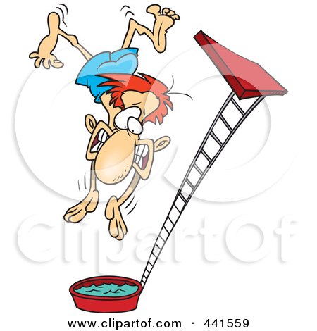 Royalty-Free (RF) Clip Art Illustration of a Cartoon Regretful Man Falling From A High Dive by toonaday