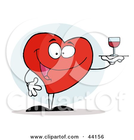 Clipart Illustration of a Smiling Red Heart Serving A Glass Of Red Wine by Hit Toon