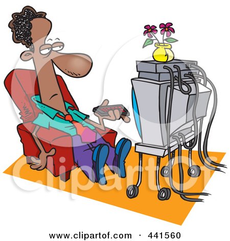 Royalty-Free (RF) Clip Art Illustration of a Cartoon Black Businessman Watching TV by toonaday