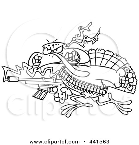 Royalty-Free (RF) Clip Art Illustration of a Cartoon Black And White Outline Design Of A Rambo Thanksgiving Turkey Bird by toonaday