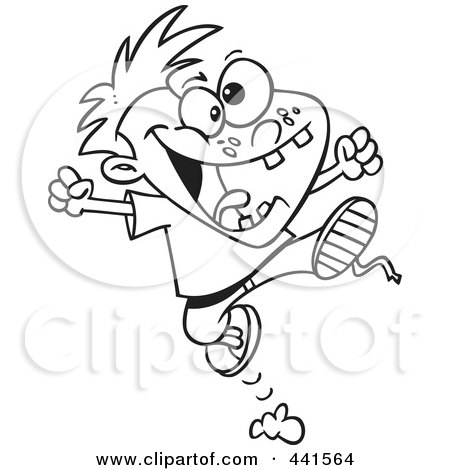 Royalty-Free (RF) Clip Art Illustration of a Cartoon Black And White Outline Design Of A Rambunctious Boy Jumping by toonaday