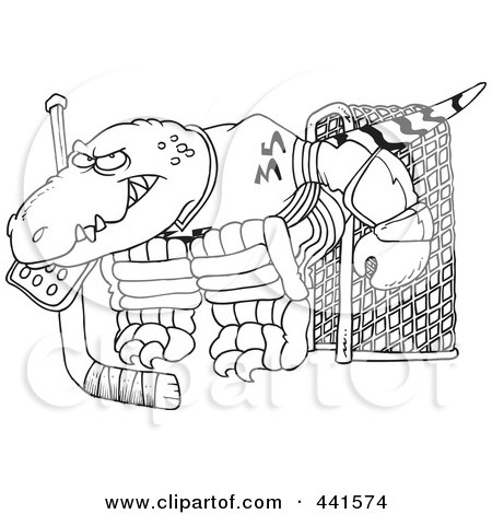 Royalty-Free (RF) Clip Art Illustration of a Cartoon Black And White Outline Design Of A Raptor Goalie by toonaday
