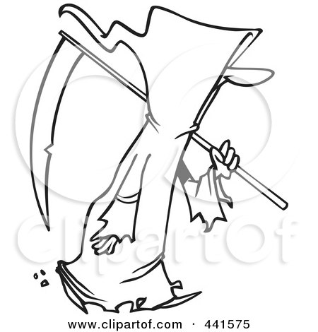 Royalty-Free (RF) Clip Art Illustration of a Cartoon Black And White Outline Design Of A Walking Grim Reaper by toonaday