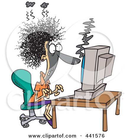 Royalty-Free (RF) Clip Art Illustration of a Cartoon Woman Covered In Soot At A Computer by toonaday