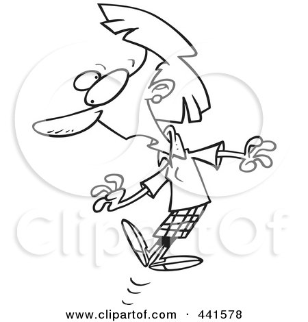 Royalty-Free (RF) Clip Art Illustration of a Cartoon Black And White Outline Design Of A Shocked Woman Jumping by toonaday