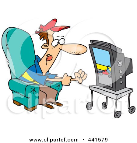 Royalty-Free (RF) Clip Art Illustration of a Cartoon Race Fan Watching Tv by toonaday