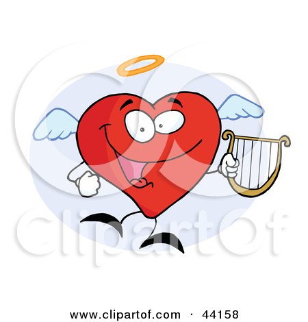 Clipart Illustration of an Angel Red Heart Character Flying With A Lyre by Hit Toon