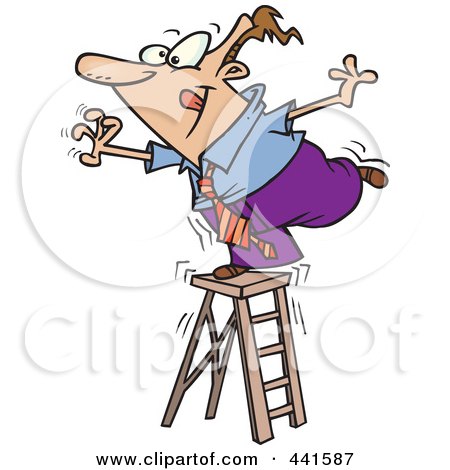 Royalty-Free (RF) Clip Art Illustration of a Cartoon Businessman Standing On A Ladder And Reaching by toonaday
