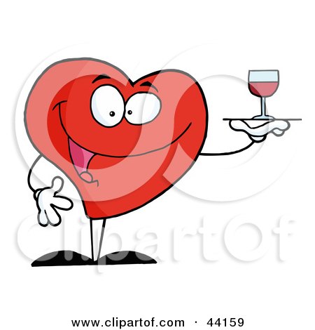 Clipart Illustration of a Happy Red Heart Serving A Glass Of Red Wine by Hit Toon