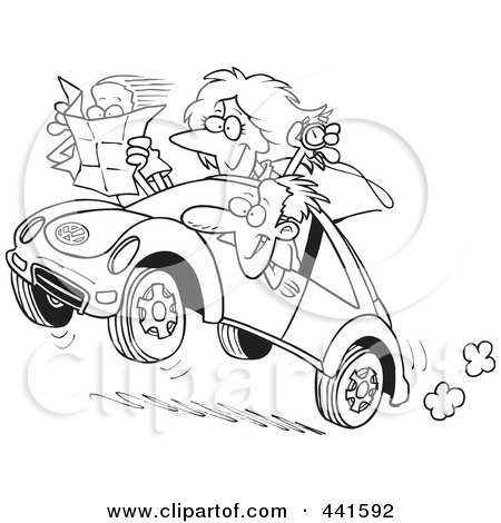 Royalty-Free (RF) Clip Art Illustration of a Cartoon Black And White Outline Design Of A Family Driving A Rally by toonaday