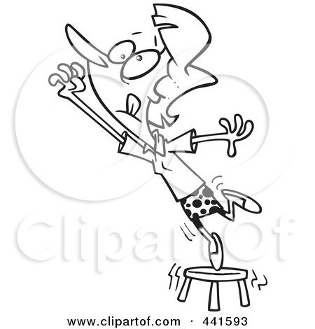 Royalty-Free (RF) Clip Art Illustration of a Cartoon Black And White Outline Design Of A Businesswoman Standing On A Stool And Reaching by toonaday