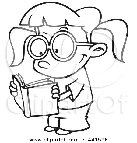 Royalty-Free (RF) Clip Art Illustration of a Cartoon Black And White Outline Design Of A Happy Girl Reading by toonaday