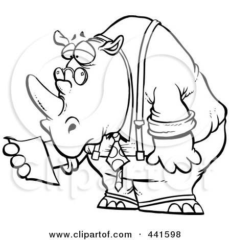 Royalty-Free (RF) Clip Art Illustration of a Cartoon Black And White Outline Design Of A Business Rhino Reading A Memo by toonaday