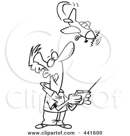 Royalty-Free (RF) Clip Art Illustration of a Cartoon Black And White Outline Design Of A Man Flying A Remote Control Plane by toonaday