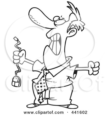 Royalty-Free (RF) Clip Art Illustration of a Cartoon Black And White Outline Design Of An Outraged Businessman Holding A Computer Mouse by toonaday