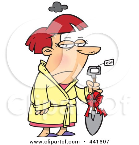 Royalty-Free (RF) Clip Art Illustration of a Cartoon Grumpy Woman Holding A  Shovel As A Gift by toonaday #441607