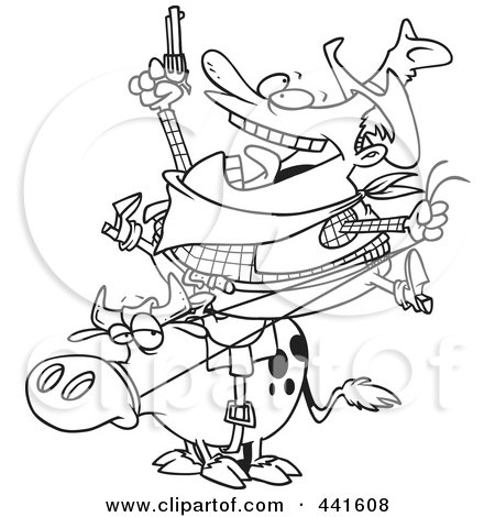Royalty-Free (RF) Clip Art Illustration of a Cartoon Black And White Outline Design Of A Fat Cowboy On A Bull by toonaday