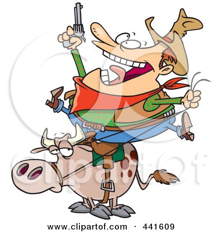 Royalty-Free (RF) Clip Art Illustration of a Cartoon Fat Cowboy On A Bull by toonaday