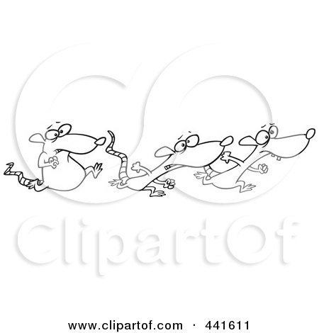 Royalty-Free (RF) Clip Art Illustration of a Cartoon Black And White Outline Design Of Rats Racing by toonaday