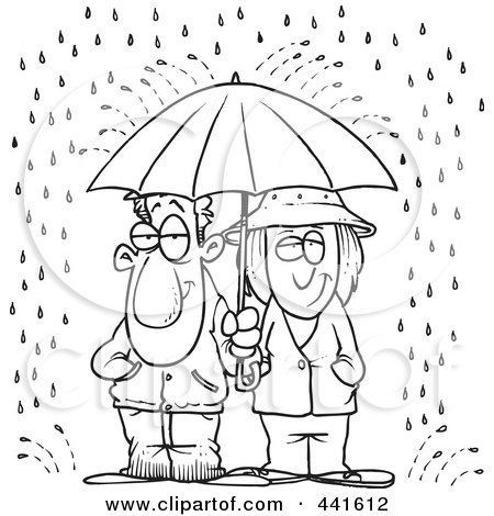 Royalty-Free (RF) Clip Art Illustration of a Cartoon Black And White Outline Design Of A Couple Sharing An Umbrella In The Rain by toonaday