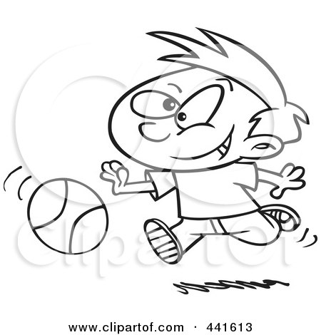 Royalty-Free (RF) Clip Art Illustration of a Cartoon Black And White Outline Design Of A Boy Dribbling A Basketball by toonaday