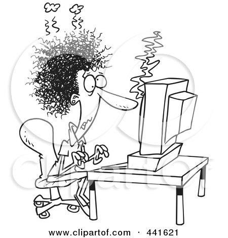 Royalty-Free (RF) Clip Art Illustration of a Cartoon Black And White Outline Design Of A Woman Covered In Soot At A Computer by toonaday