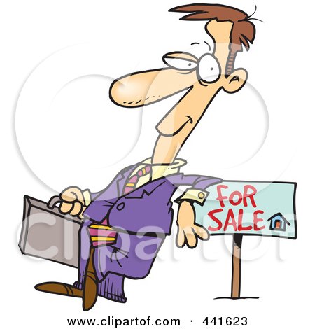 Royalty-Free (RF) Clip Art Illustration of a Cartoon Male Realtor Leaning On A Sale Sign by toonaday