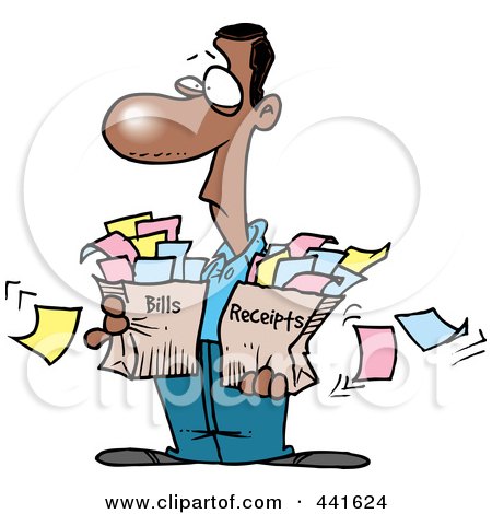 Royalty-Free (RF) Clip Art Illustration of a Cartoon Man Carrying Bags Of Bills And Receipts by toonaday