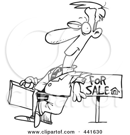 Royalty-Free (RF) Clip Art Illustration of a Cartoon Black And White Outline Design Of A Male Realtor Leaning On A Sale Sign by toonaday