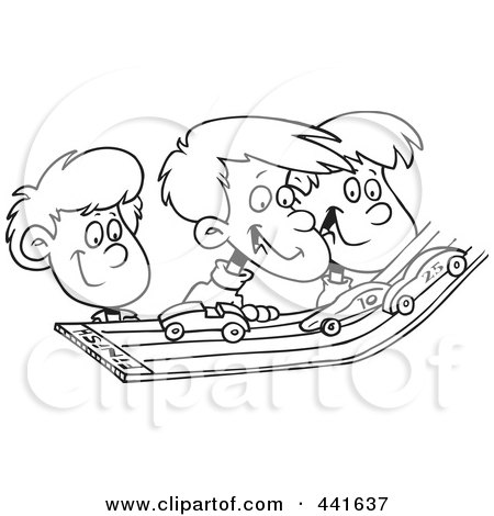 Royalty-Free (RF) Clip Art Illustration of a Cartoon Black And White Outline Design Of A Group Of Kids Playing With Toy Cars On A Track by toonaday