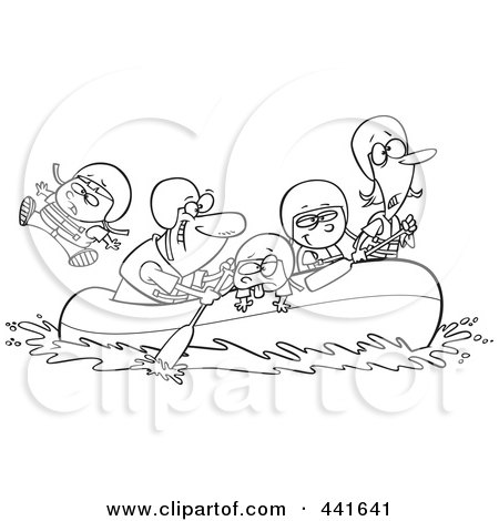 Royalty-Free (RF) Clip Art Illustration of a Cartoon Black And White Outline Design Of A Family Rafting by toonaday