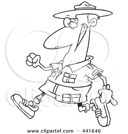 Royalty-Free (RF) Clip Art Illustration of a Cartoon Black And White Outline Design Of A Male Ranger Walking by toonaday