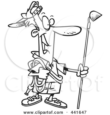 Royalty-Free (RF) Clip Art Illustration of a Cartoon Black And White Outline Design Of A Man Ready To Do His Gardening by toonaday