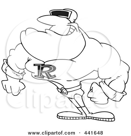 Royalty-Free (RF) Clip Art Illustration of a Cartoon Black And White Outline Design Of A Ray Man Super Hero by toonaday