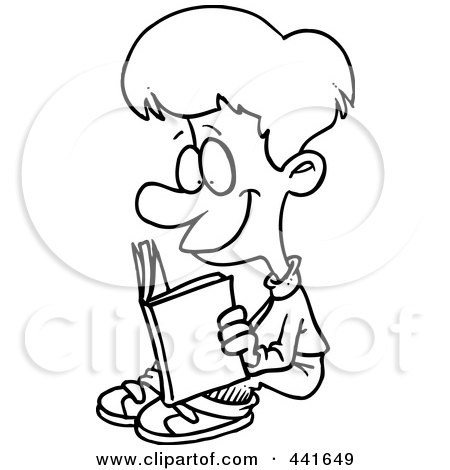 Royalty-Free (RF) Clip Art Illustration of a Cartoon Black And White Outline Design Of A Happy Boy Reading by toonaday