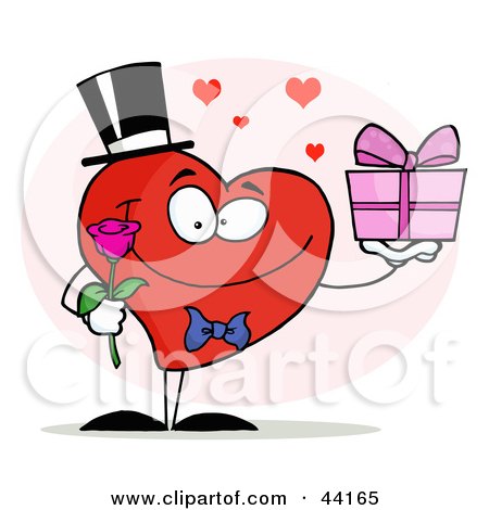 Clipart Illustration of a Romantic Gentleman Heart Holding A Single Rose And A Gift by Hit Toon