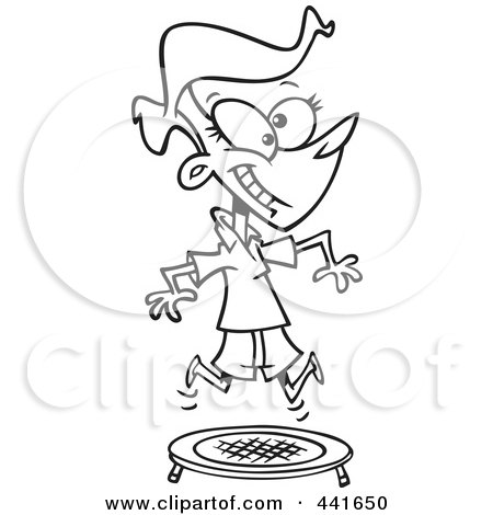 Royalty-Free (RF) Clip Art Illustration of a Cartoon Black And White Outline Design Of A Woman Jumping On A Trampoline by toonaday