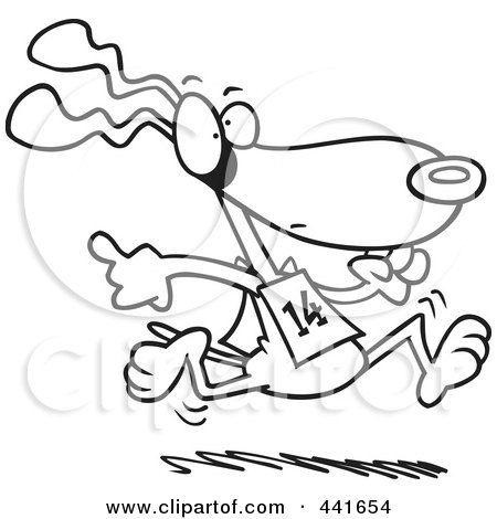 Royalty-Free (RF) Clip Art Illustration of a Cartoon Black And White Outline Design Of A Dog Running In A Race by toonaday