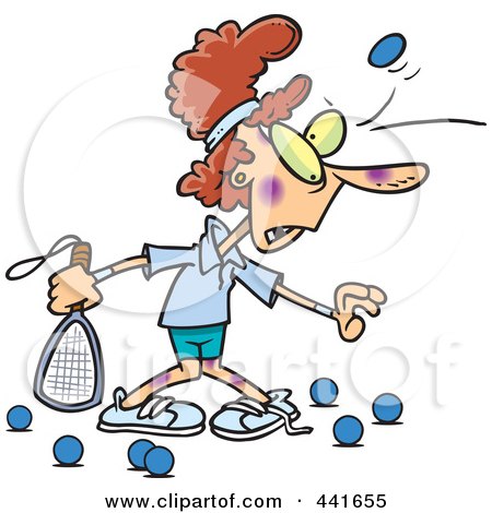Royalty-Free (RF) Clip Art Illustration of a Cartoon Woman Getting Bruised During Racquetball by toonaday