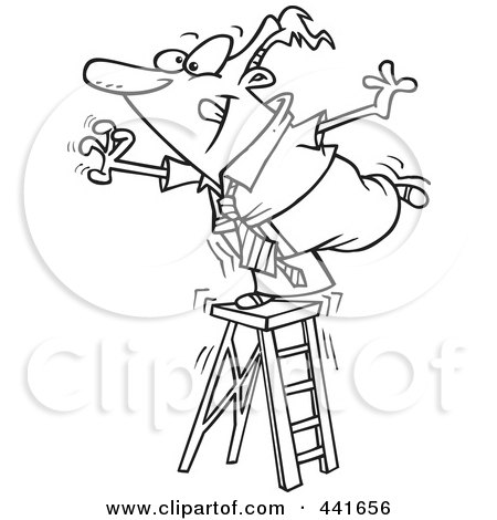 Royalty-Free (RF) Clip Art Illustration of a Cartoon Black And White Outline Design Of A Businessman Standing On A Ladder And Reaching by toonaday