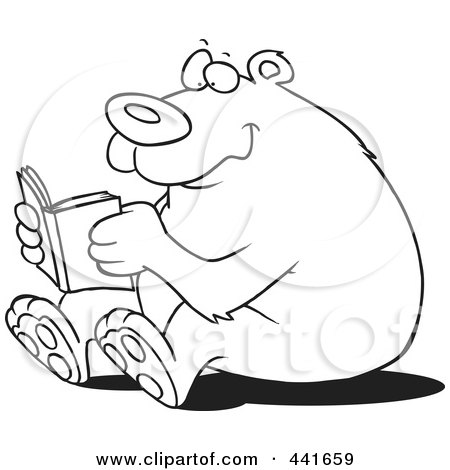 Royalty-Free (RF) Clip Art Illustration of a Cartoon Black And White Outline Design Of A Happy Bear Reading by toonaday
