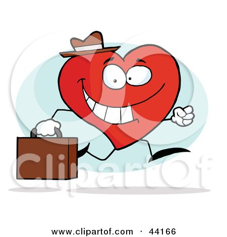 Clipart Illustration of a Happy Business Heart Character Carrying A Briefcase And Running To Work by Hit Toon