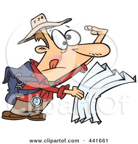 Royalty-Free (RF) Clip Art Illustration of a Cartoon Lost Hiker Using A Map by toonaday